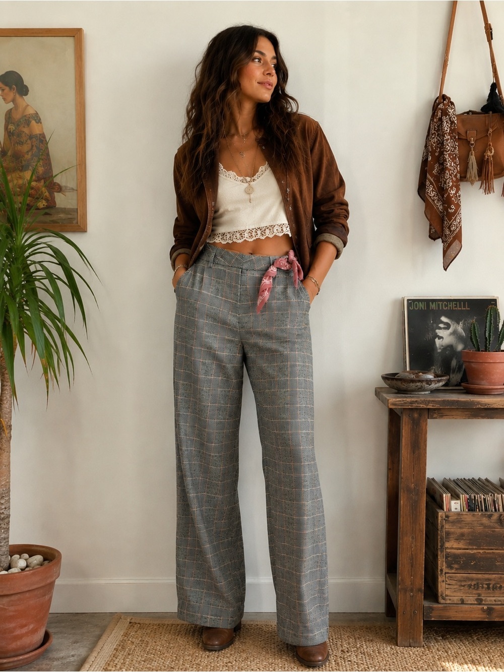 Scotch & Soda Gray & Pink Plaid Wide-Leg Linen Blend Trousers
